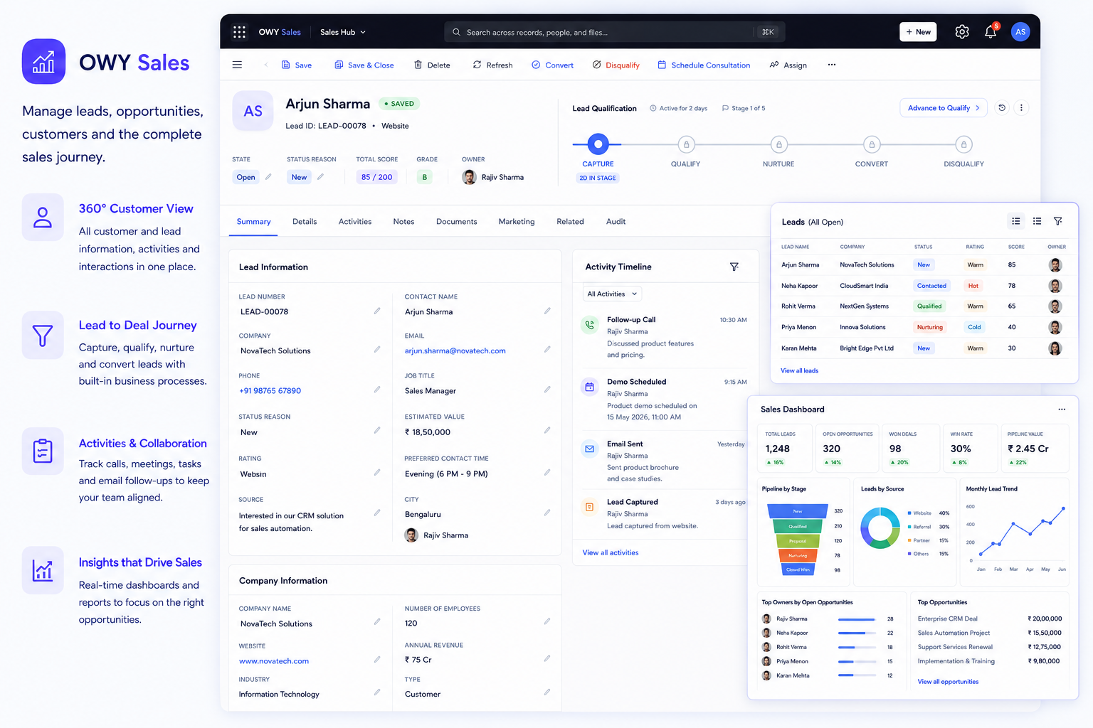 OWY lead record for Arjun Sharma with company, lead source, score, owner and qualification stage